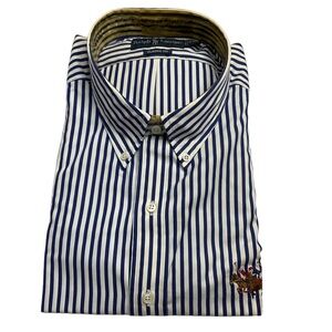 Ralph Lauren Men Button Down Dress Shirt 2X Flesh Pony Vintage White Blue Stripe